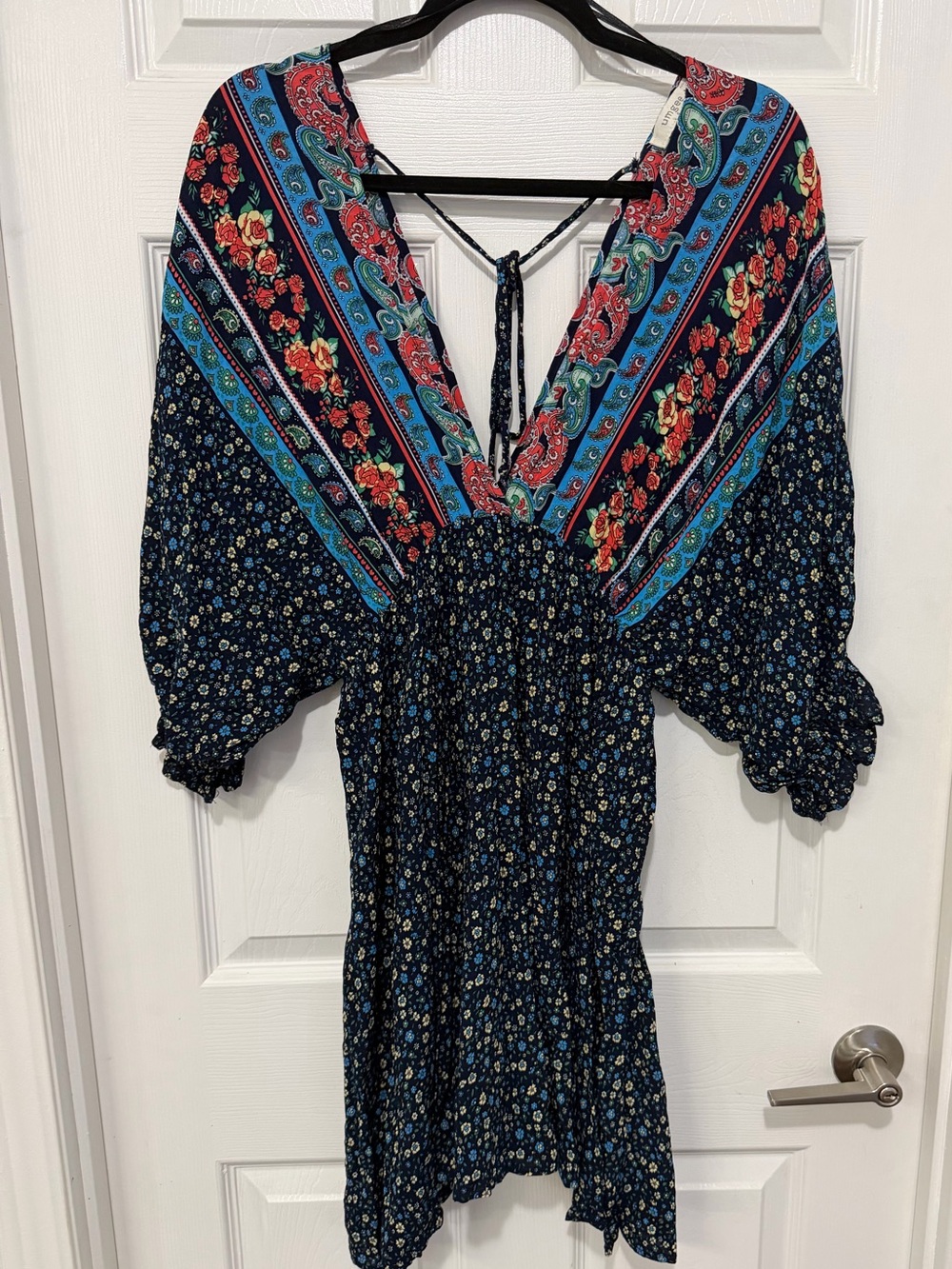 Umgee Navy Boho Floral V-Neck Tunic with Teal and Red Accents